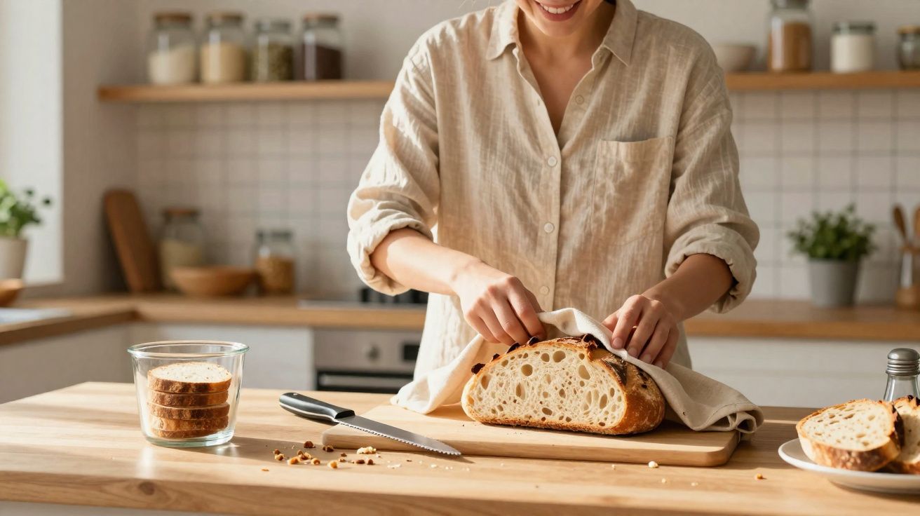 Pessoa a desembrulhar pão caseiro numa cozinha luminosa com pão fatiado e faca na bancada.