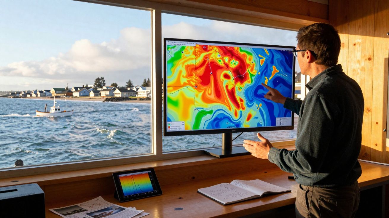 Homem a analisar dados de marés coloridos num ecrã com vista para o mar e um barco de pesca.