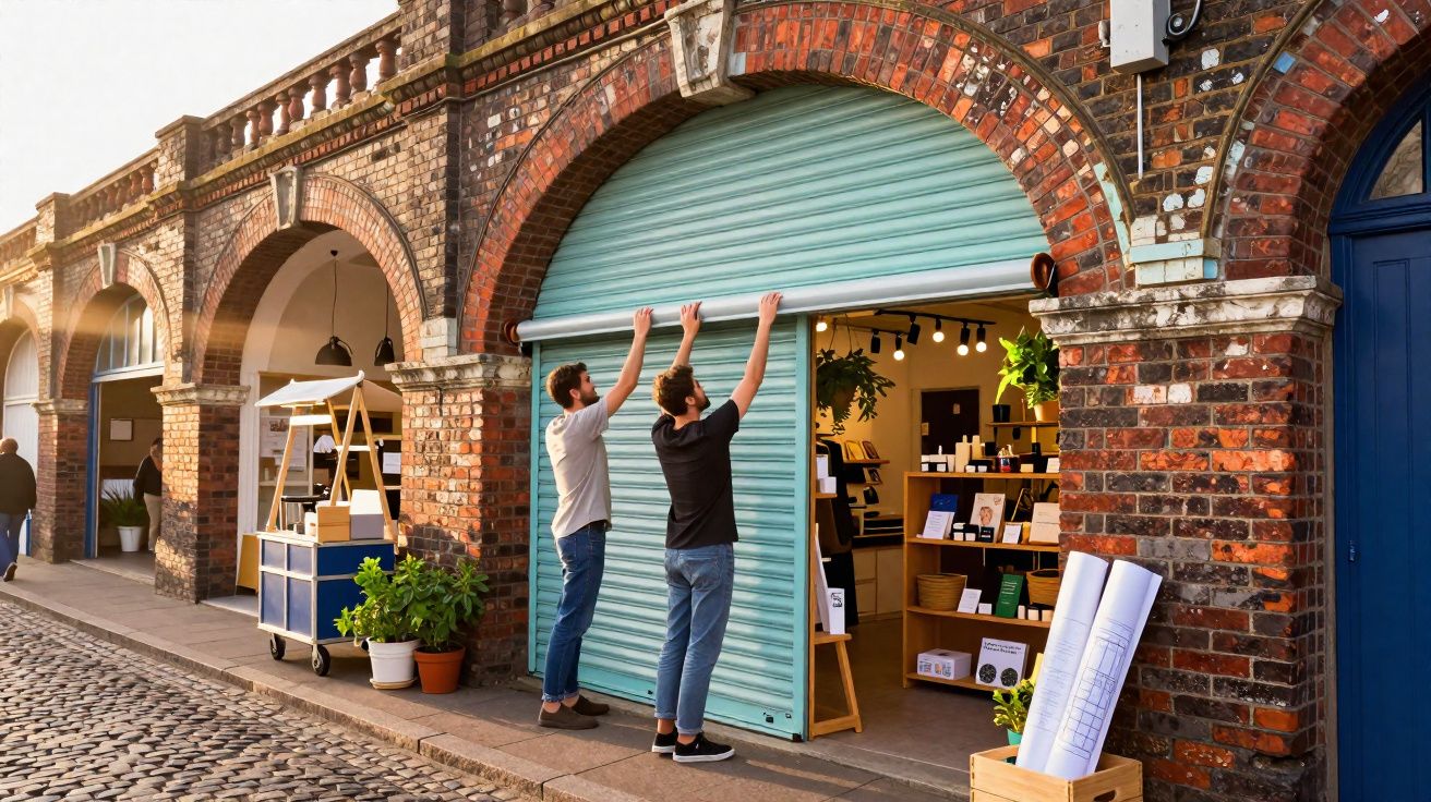 Duas pessoas estão a abrir a porta de uma loja com estrutura em tijolo e arcadas numa rua de calçada.