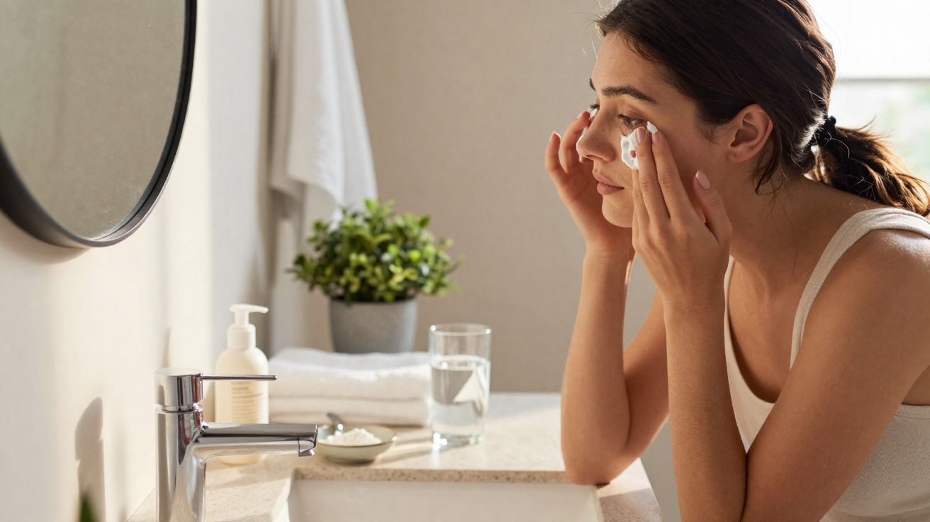 Mulher a limpar o rosto com algodão junto a uma pia de casa de banho iluminada.