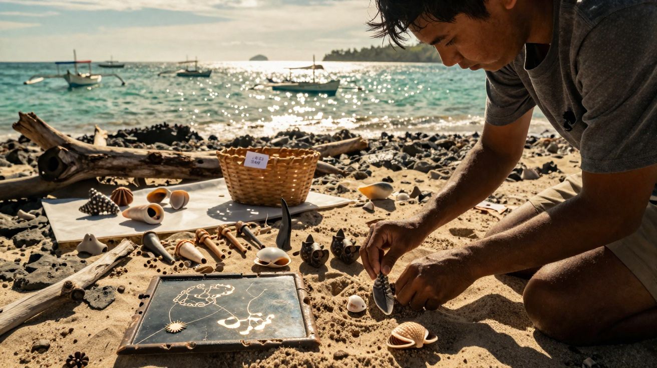 Homem a vender artesanato de conchas e colares na praia com barcos ao fundo.