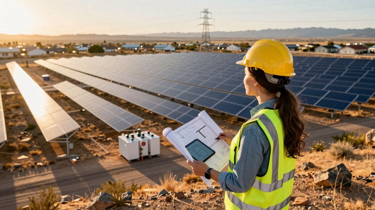 Mulher com capacete e colete refletor inspeciona painéis solares numa central fotovoltaica ao pôr do sol.