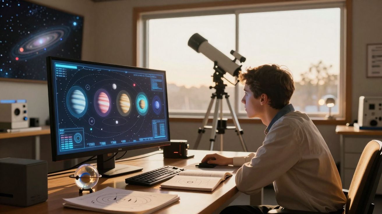 Jovem estuda sistema solar no computador, com telescópio e materiais astronómicos num escritório iluminado.