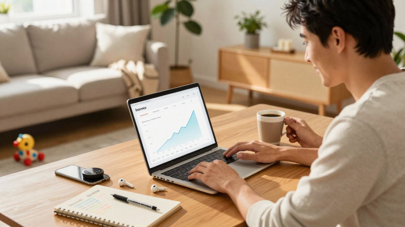 Pessoa a trabalhar num gráfico de receitas num portátil, com café e caderno numa mesa iluminada.