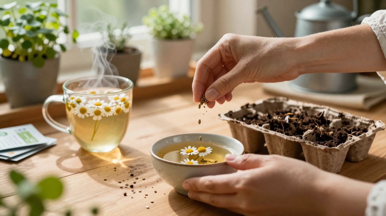 Mãos a semear sementes em vaso com terra, chá de camomila quente com flores numa mesa de madeira iluminada.