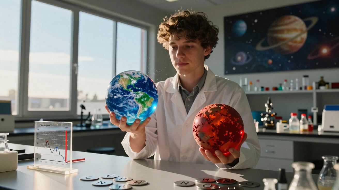 Homem com bata branca segura esferas da Terra e de Marte num laboratório científico iluminado.