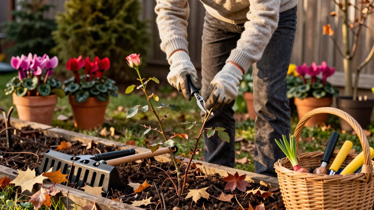 Pessoa a podar uma planta de rosa num canteiro, rodeada de ferramentas de jardinagem e flores em vasos.