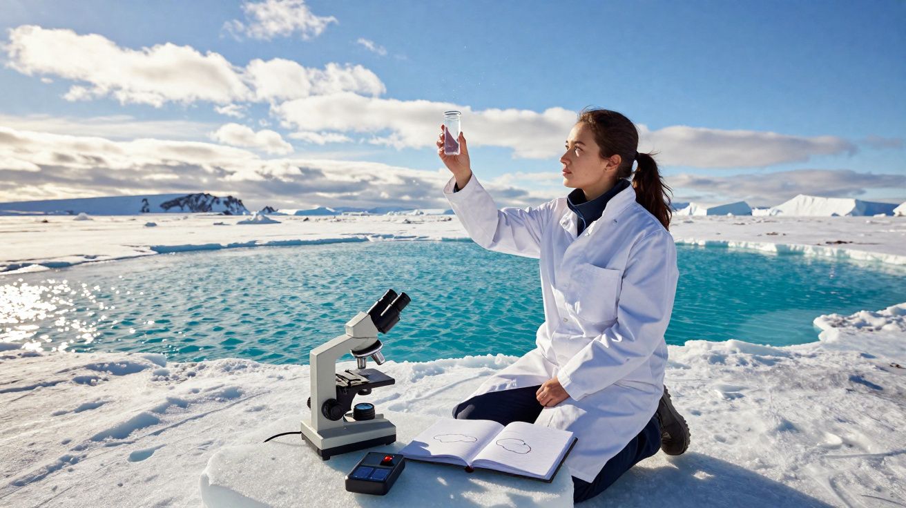 Cientista de bata branca analisa amostra junto a lago congelado sob céu azul na paisagem gelada.