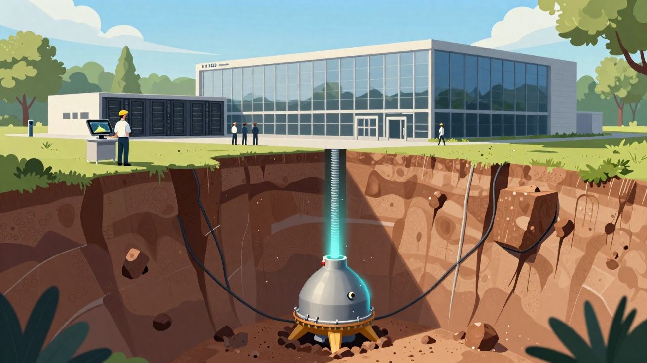 Centro tecnológico com equipamento subterrâneo ligado por cabos a servidores e técnicos no exterior.