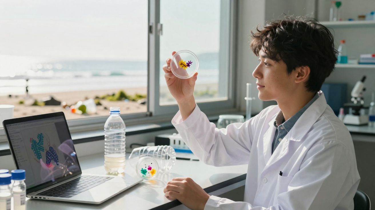 Cientista a observar plásticos coloridos numa placa de petri num laboratório com vista para o mar.