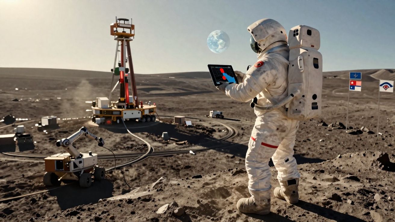 Astronauta em fato espacial com tablet numa superfície lunar junto a equipamento e bandeiras, Terra visível ao fundo.