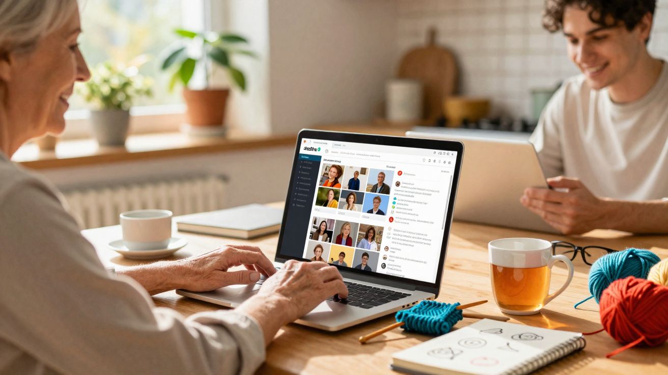Pessoa mais velha numa videochamada no portátil, jovem ao fundo com tablet, ambiente acolhedor e luz natural.