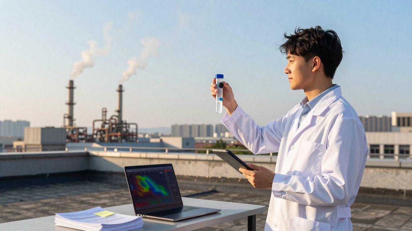 Cientista com bata branca analisa amostra em tubo num laboratório ao ar livre junto a fábrica poluente.