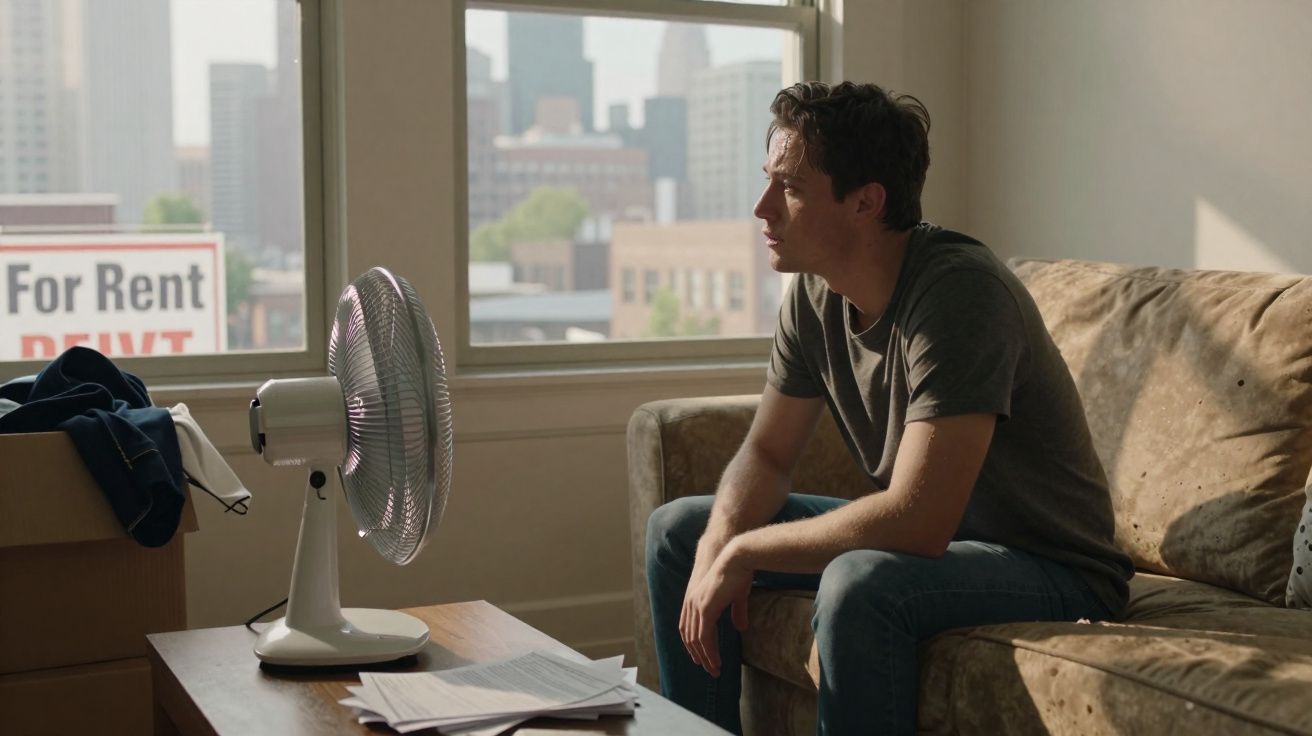 Jovem sentado num sofá a olhar para um ventilador numa sala com janelas grandes e caixas de mudança.