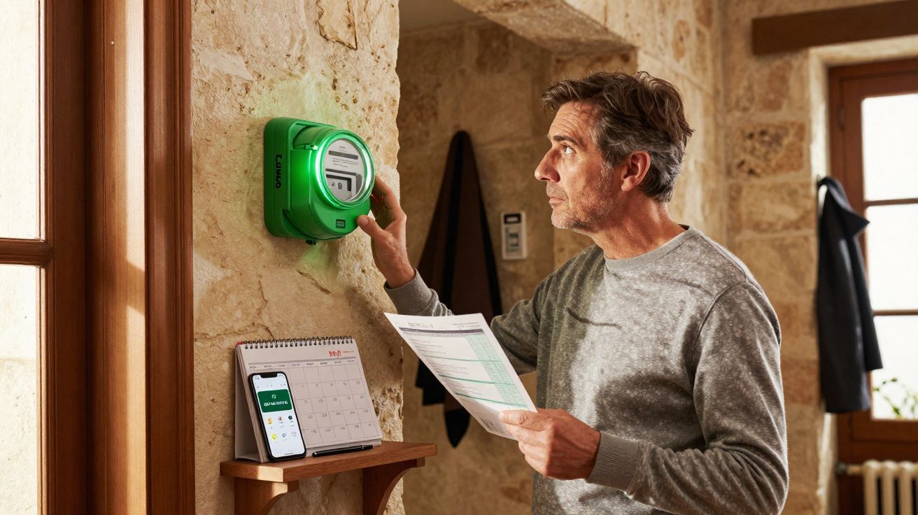 Homem a consultar contador elétrico verde na parede, segurando fatura e próximo a telemóvel com app aberta.