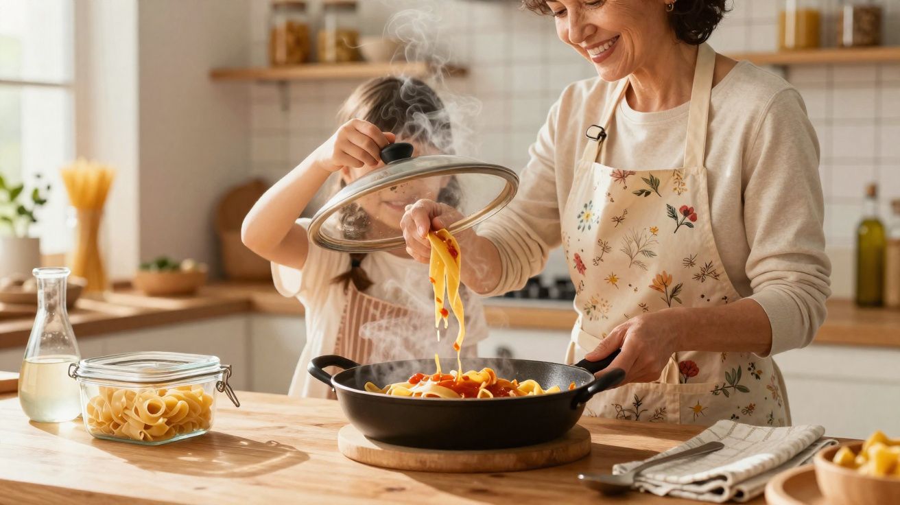 Mulher e criança cozinham juntas massa com molho numa cozinha luminosa e acolhedora.