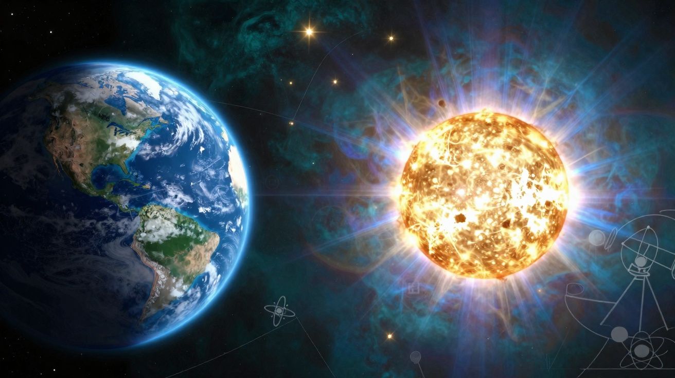 Imagem digital da Terra e do Sol próximos, com estrelas e símbolos científicos no fundo escuro do espaço.