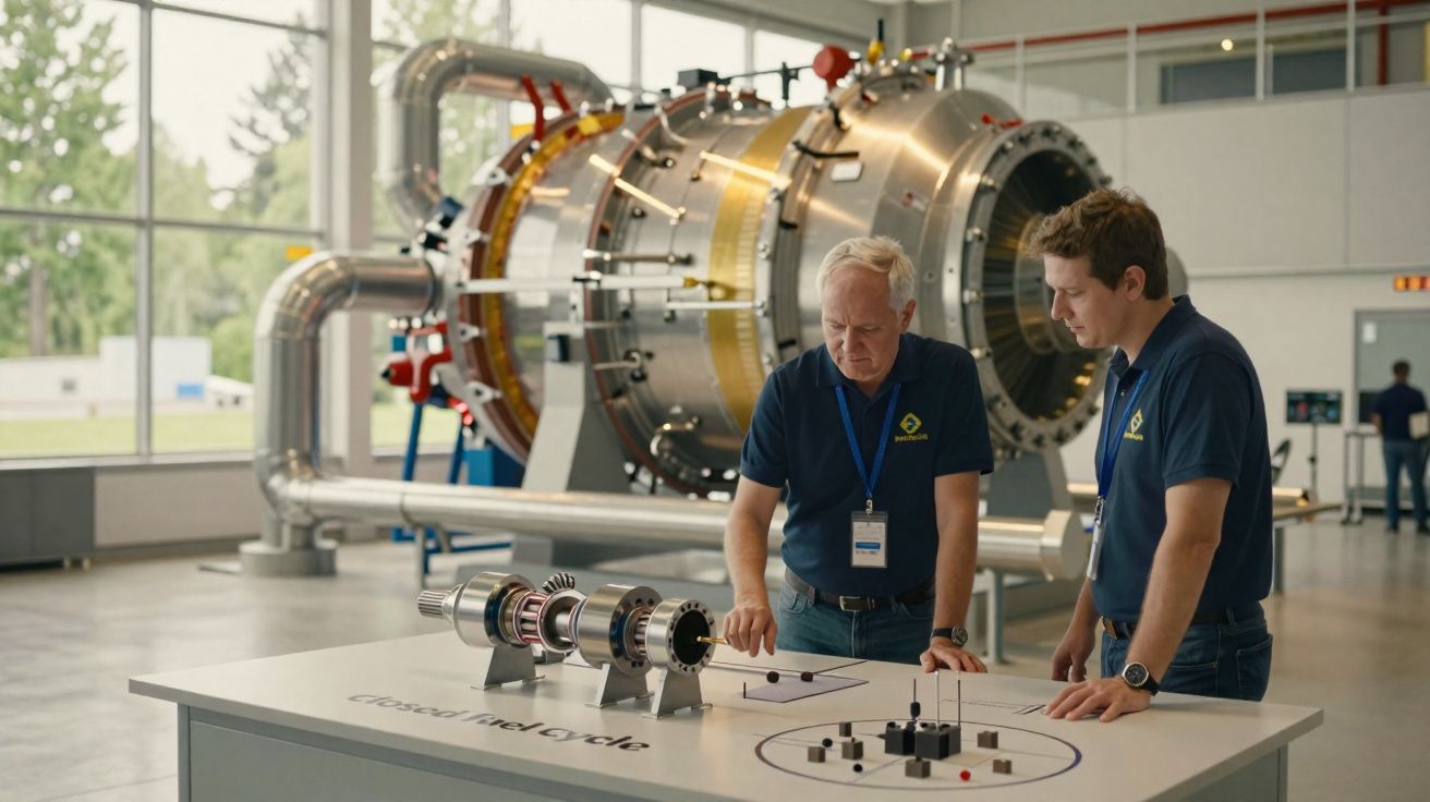 Dois homens analisam uma peça industrial numa mesa com esquema de ciclo de combustível fechado, ao lado de equipamento tecnol