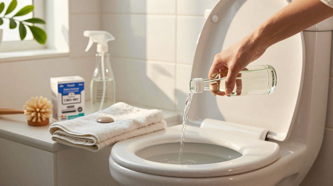 Pessoa a despejar líquido de uma garrafa num sanitário com toalhas e produtos de limpeza no fundo.
