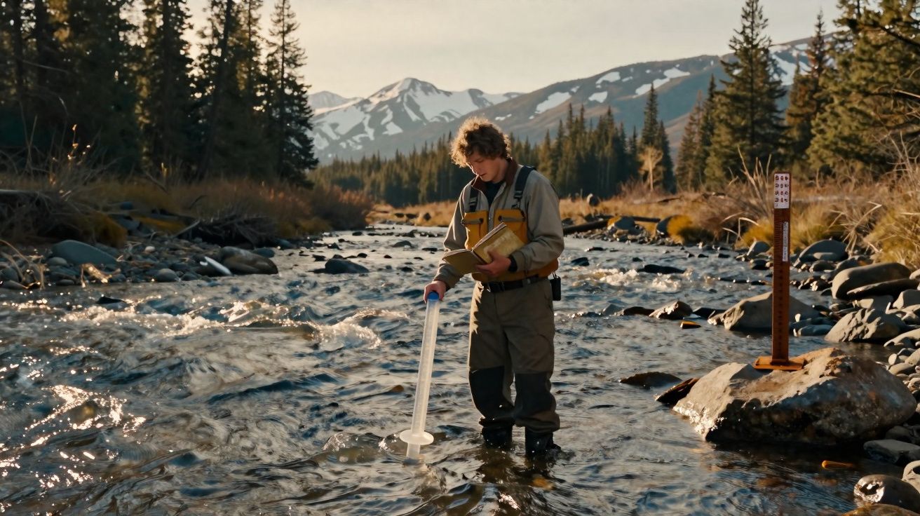 Pessoa com fato de pesca recolhe amostra de água em rio montanhoso com árvores e neve ao fundo