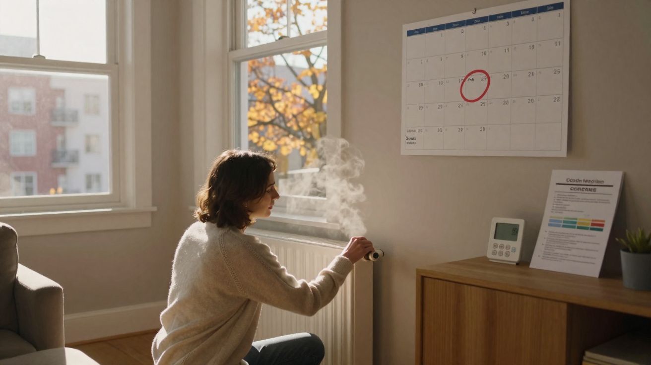 Pessoa a ajustar o termóstato do aquecimento num quarto com luz natural e calendário na parede.