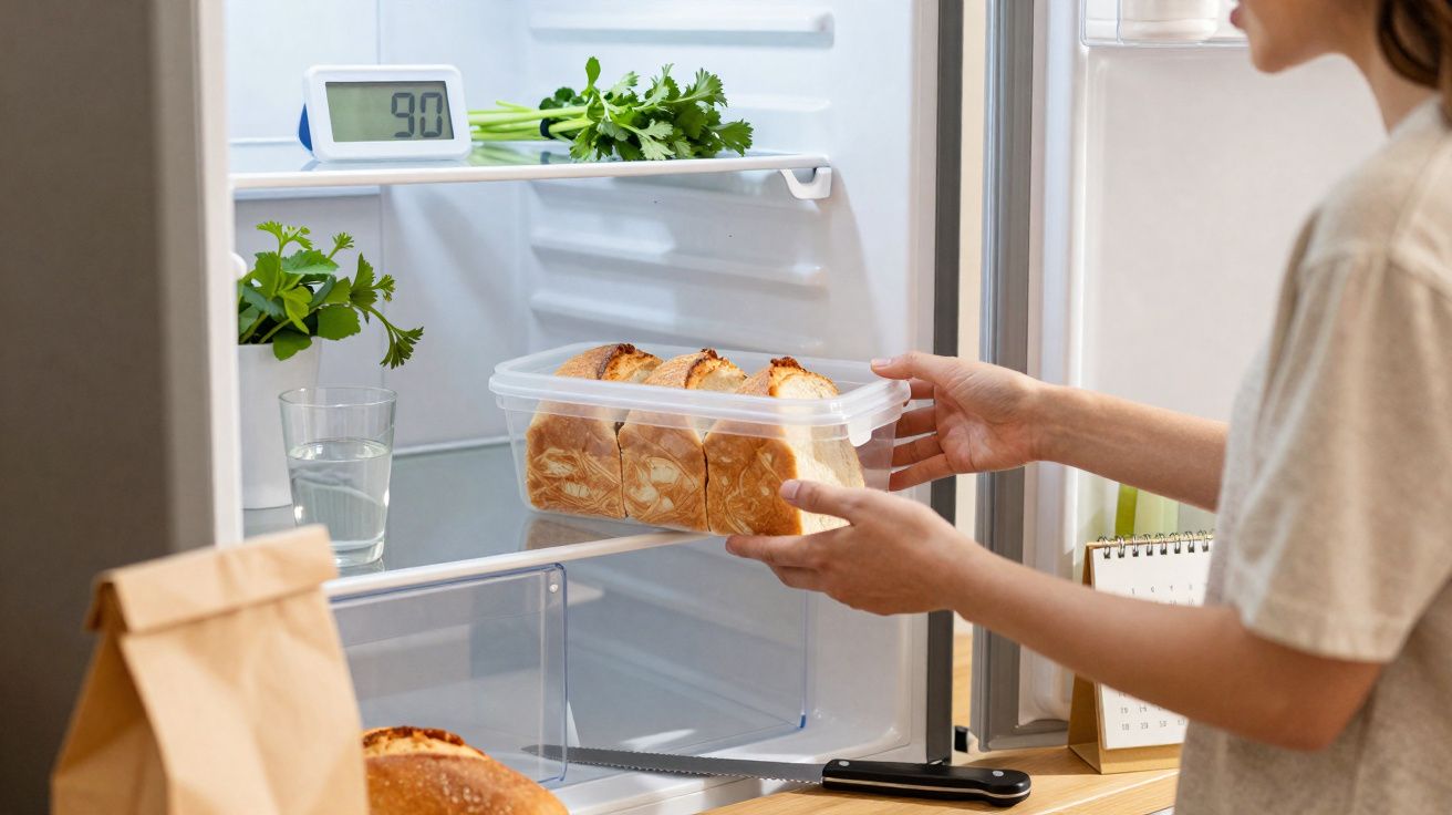 Pessoa a guardar pão num recipiente dentro do frigorífico, com ervas frescas e copo de água na prateleira.