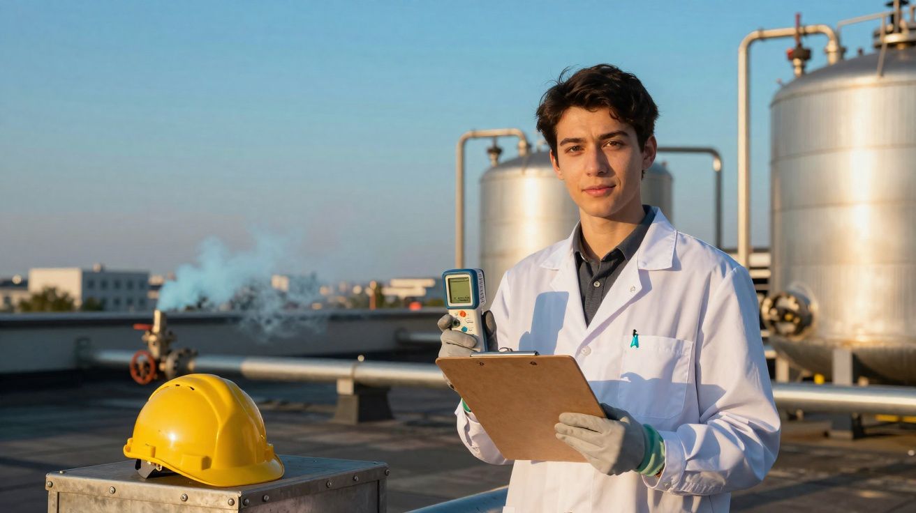 Técnico de laboratório em bata branca segura clipboard e aparelho, em ambiente industrial com tanques e capacete amarelo.