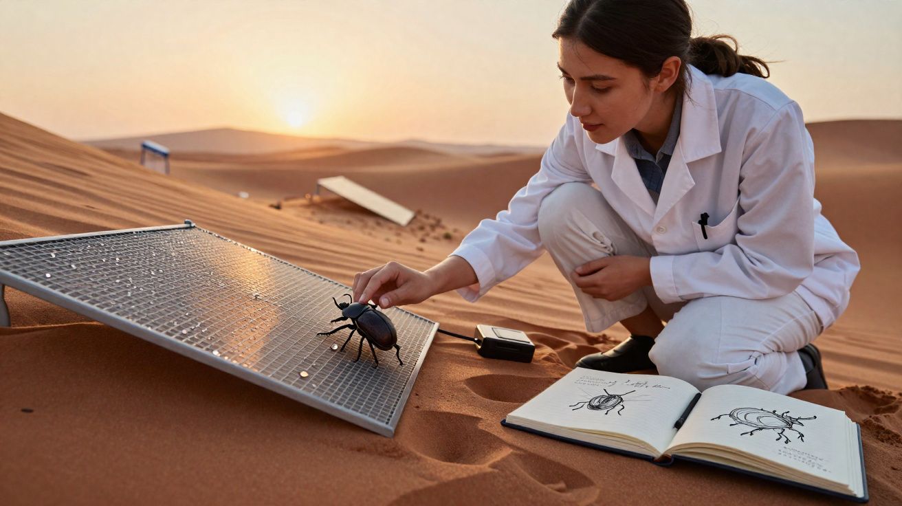 Mulher cientista em bata branca estuda escaravelho no deserto ao pôr do sol, com caderno de notas aberto.