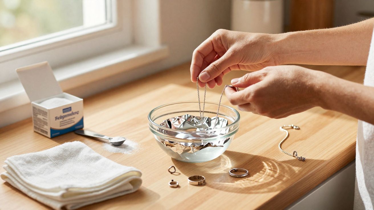 Mãos a mergulhar joias num recipiente com água e papel alumínio, ao lado de bicarbonato e toalha.
