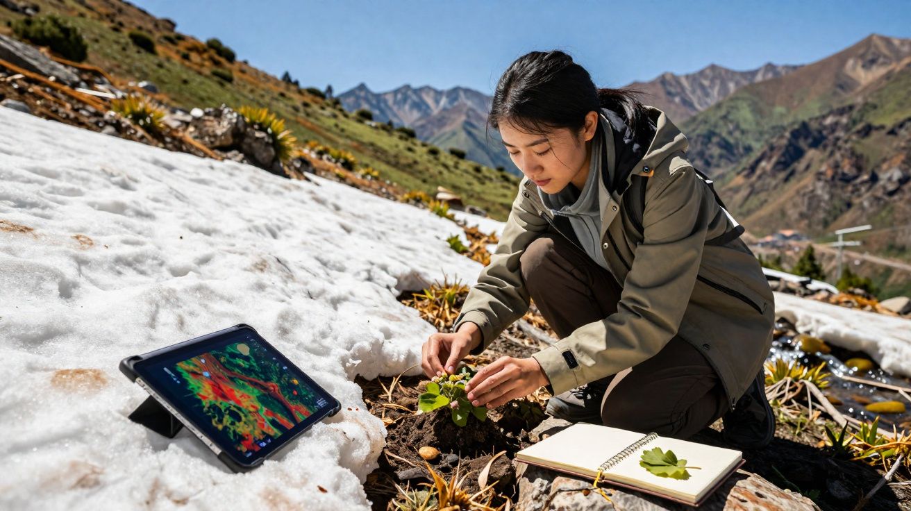 Jovem a estudar planta numa montanha com neve, acompanhado de tablet e caderno aberto.