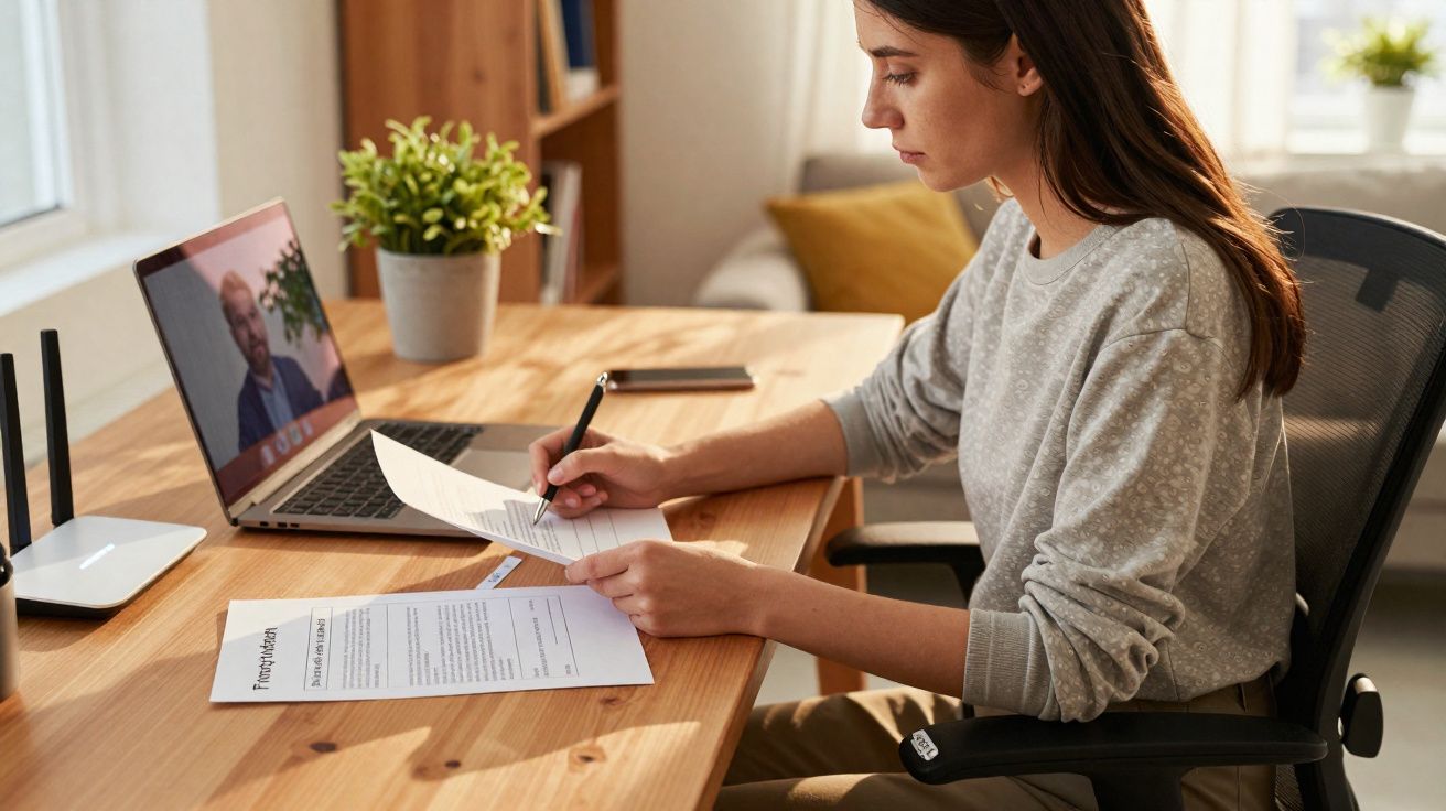 Mulher sentada a trabalhar em casa, faz vídeo chamada e escreve em documentos numa secretária de madeira.