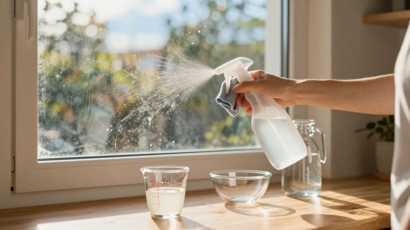 Pessoa a limpar uma janela com pulverizador e pano num ambiente iluminado pela luz natural.