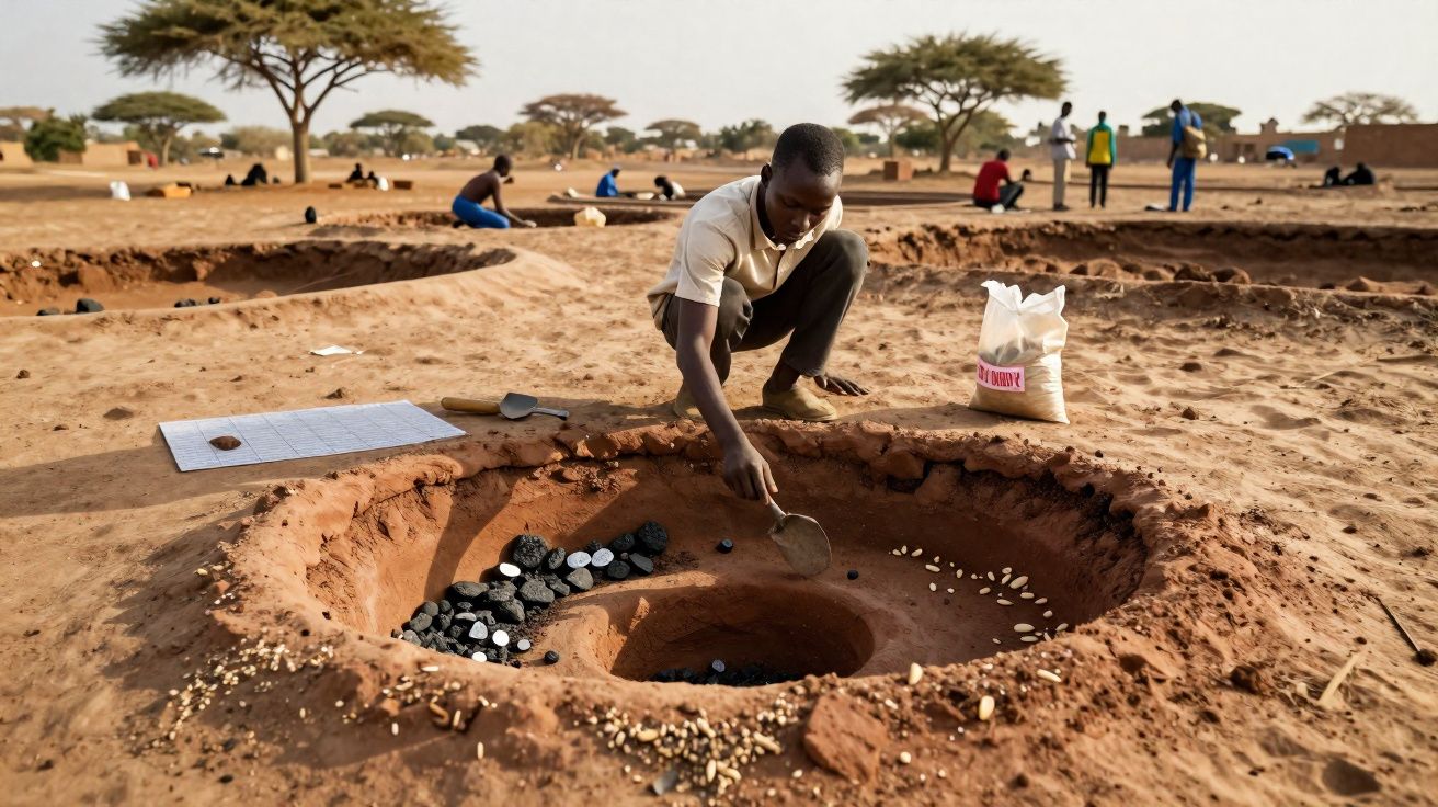 Homem africano a mexer grãos numa fogueira tradicional de argila para tostar café, em área rural seca.