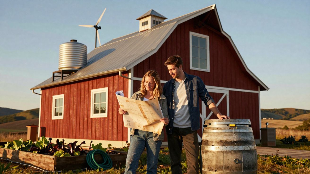 Casal jovem a consultar mapa ao lado de celeiro vermelho e jardim numa quinta ao pôr do sol.
