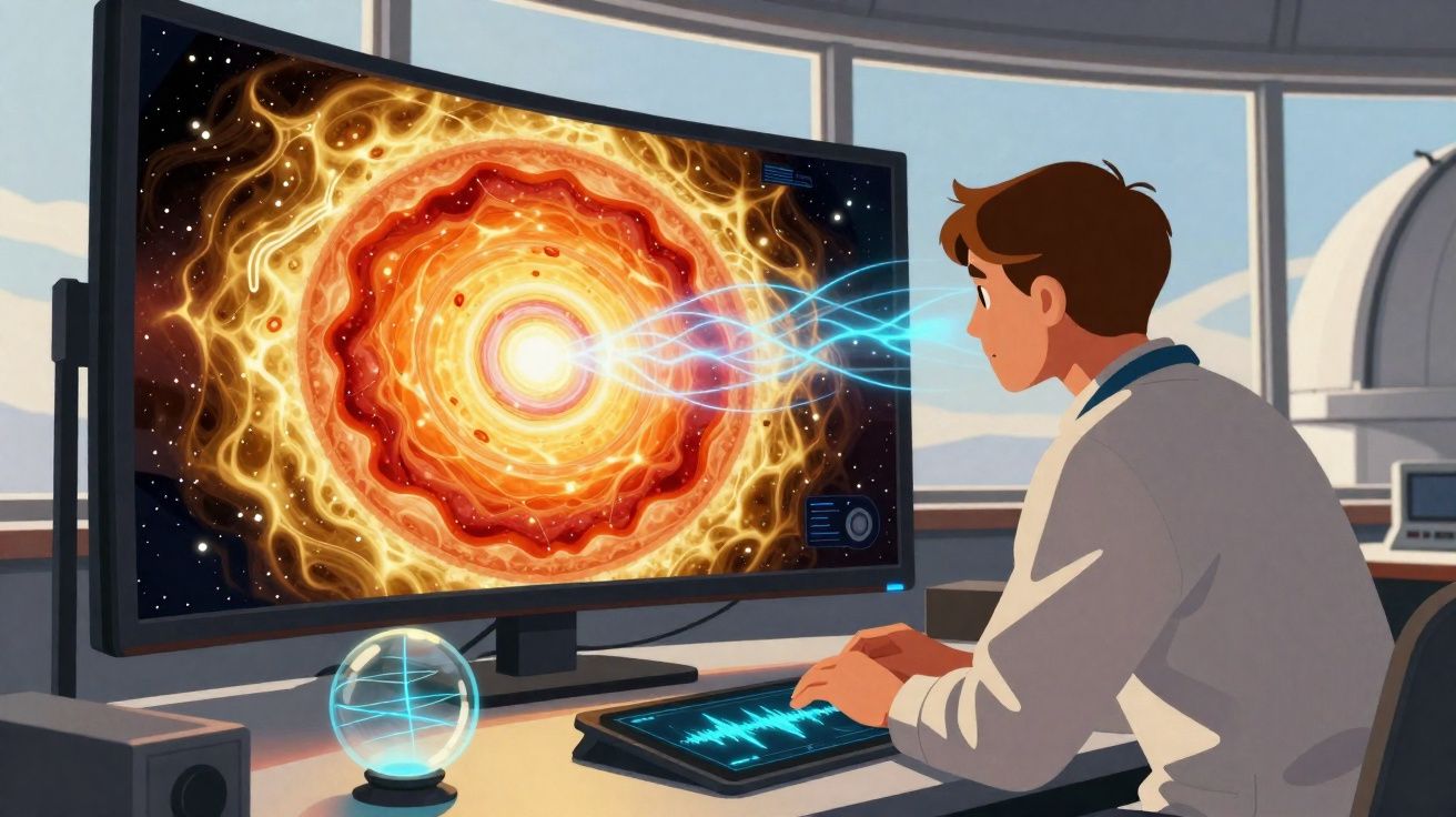 Homem numa sala observando energia brilhante numa tela gigante, com painéis tecnológicos ao redor.