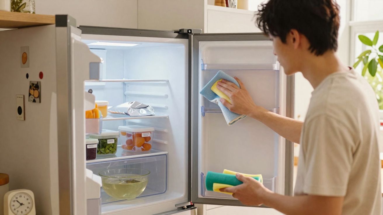 Pessoa a limpar a porta interior de um frigorífico aberto, com vários alimentos visíveis nas prateleiras.