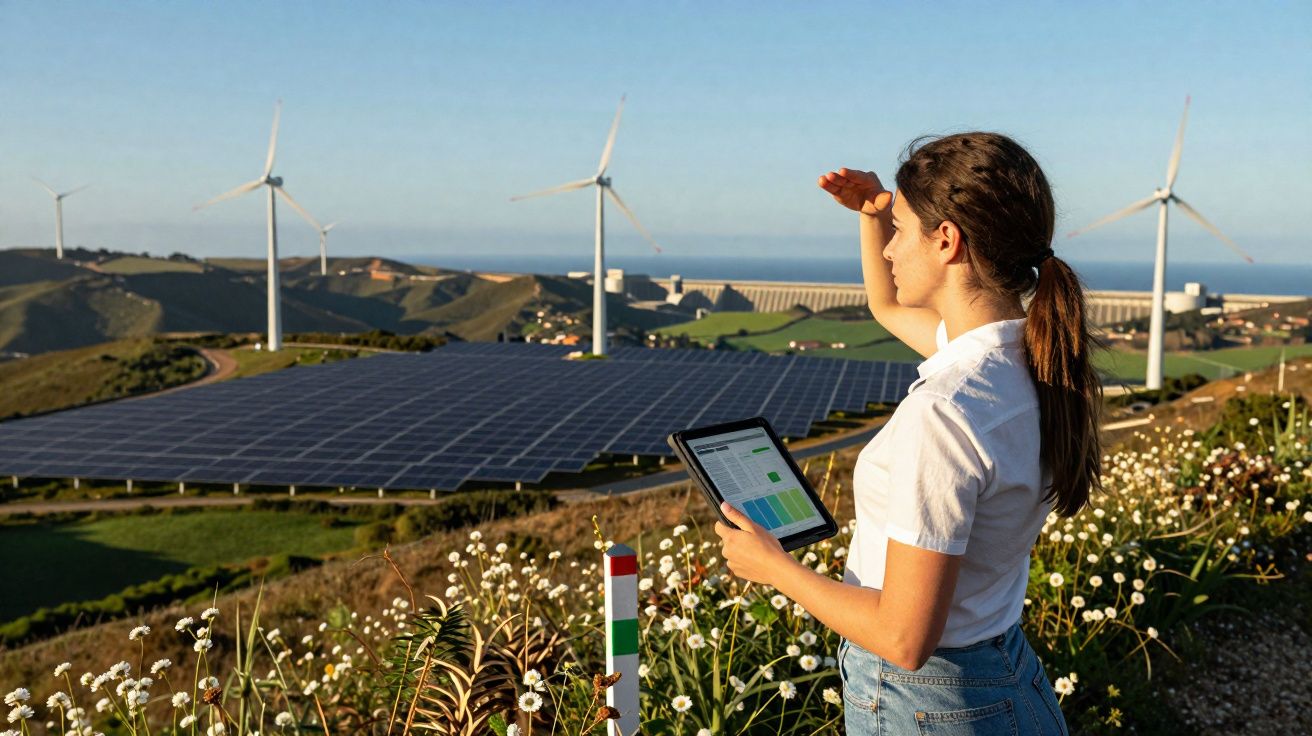 Mulher com tablet observa painéis solares e turbinas eólicas numa paisagem rural com flores.