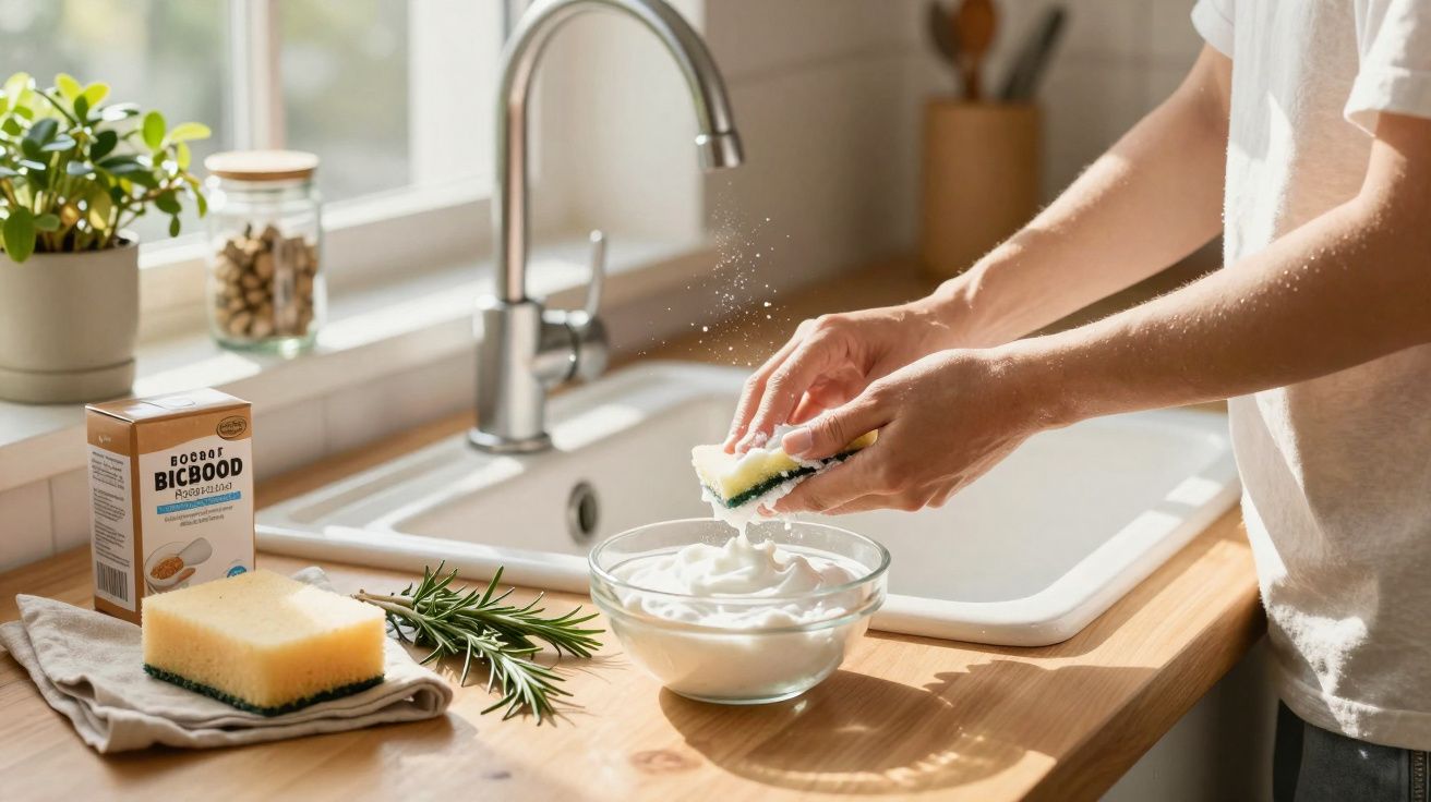 Pessoa a preparar uma esponja com bicarbonato de sódio e creme de limpeza numa cozinha iluminada.