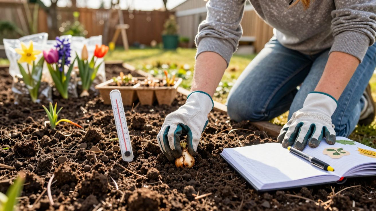 Pessoa a plantar um bolbo de flor na terra, com flores coloridas, termómetro e caderno aberto ao lado.