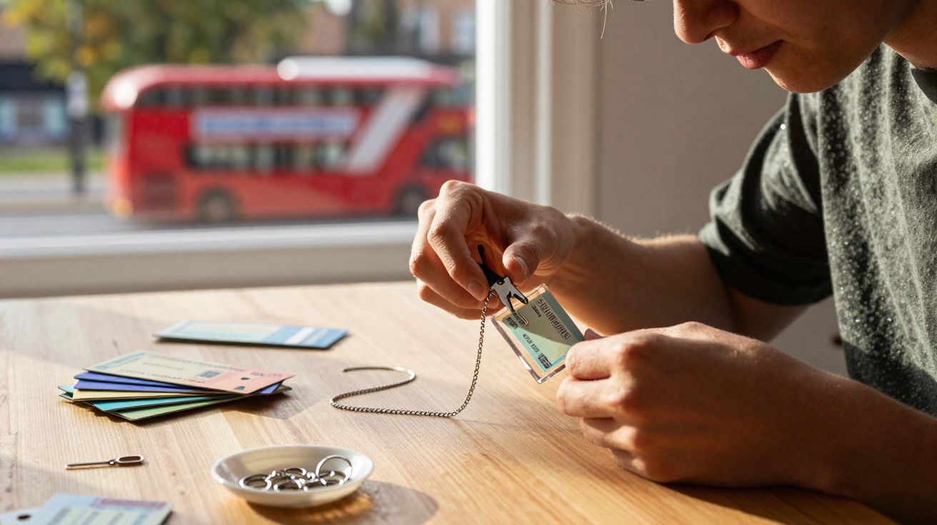 Pessoa segurando um chaveiro com cartão de transporte público junto a mesa com outros cartões e anéis, autocarro vermelho ao 