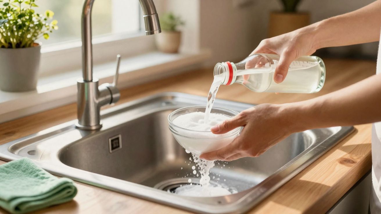 Pessoa a despejar vinagre branco numa tigela com bicarbonato de sódio sobre uma pia de cozinha.