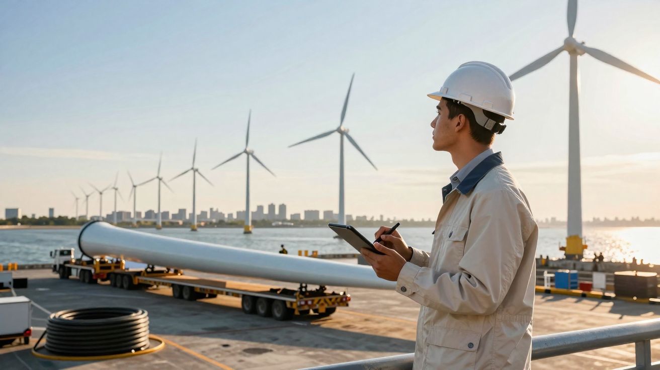 Engenheiro com capacete a inspecionar turbinas eólicas numa central de energia ao pôr do sol.