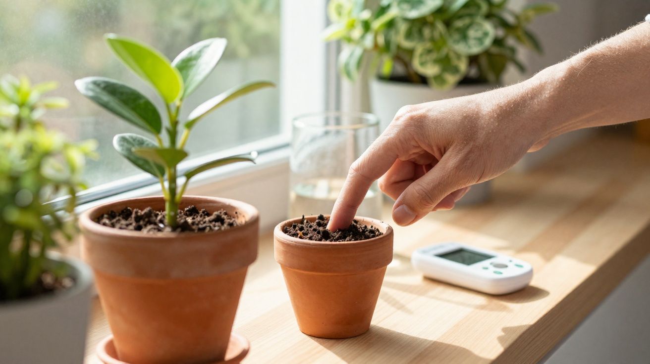 Mão a colocar dedo em vaso pequeno de barro com terra junto a plantas e dispositivo num parapeito de janela.