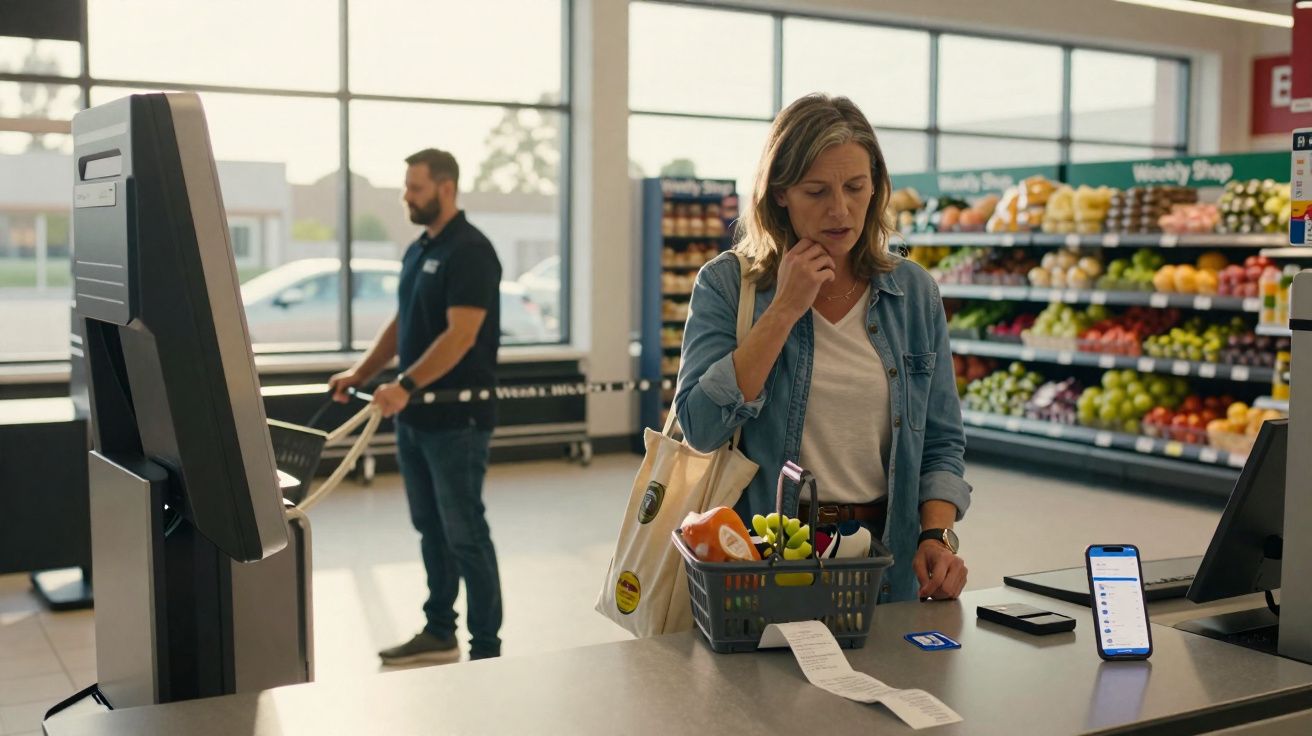 Mulher faz compras ao balcão de self-checkout num supermercado com produtos variados ao fundo.