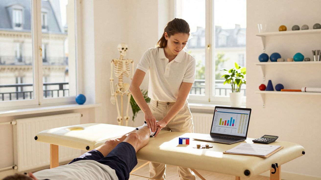 Fisioterapeuta a tratar o joelho de um paciente numa clínica luminosa com esqueleto modelo e computador portátil.