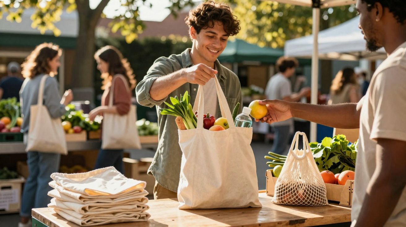 Jovem compra frutas frescas num mercado ao ar livre, com sacos reutilizáveis de algodão.