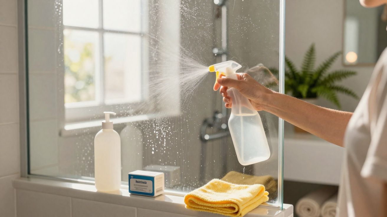 Pessoa a limpar espelho com borrifador e pano amarelo numa casa de banho iluminada.