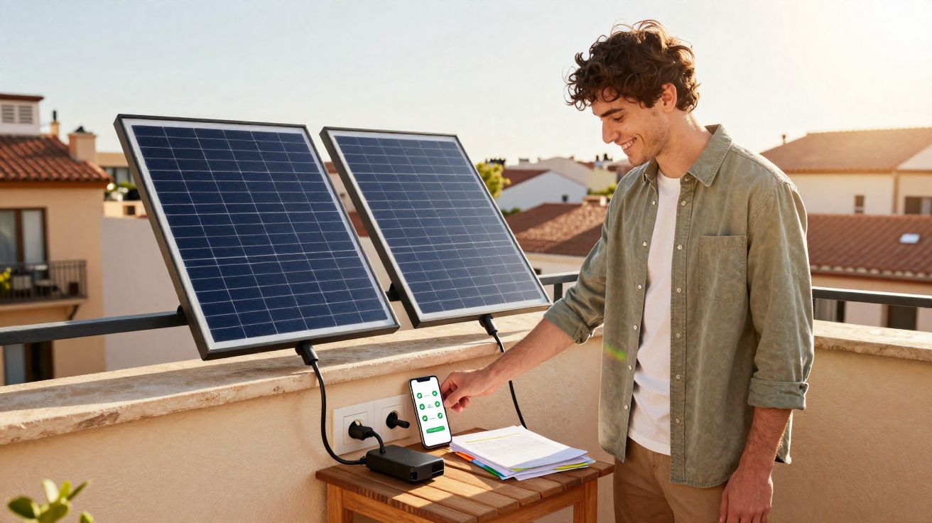 Homem sorridente controla painel solar com smartphone numa varanda, numa tarde ensolarada.