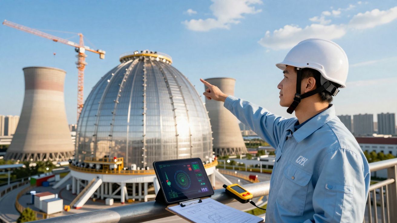 Engenheiro com capacete a apontar para uma central elétrica com torres de arrefecimento e cúpula metálica.