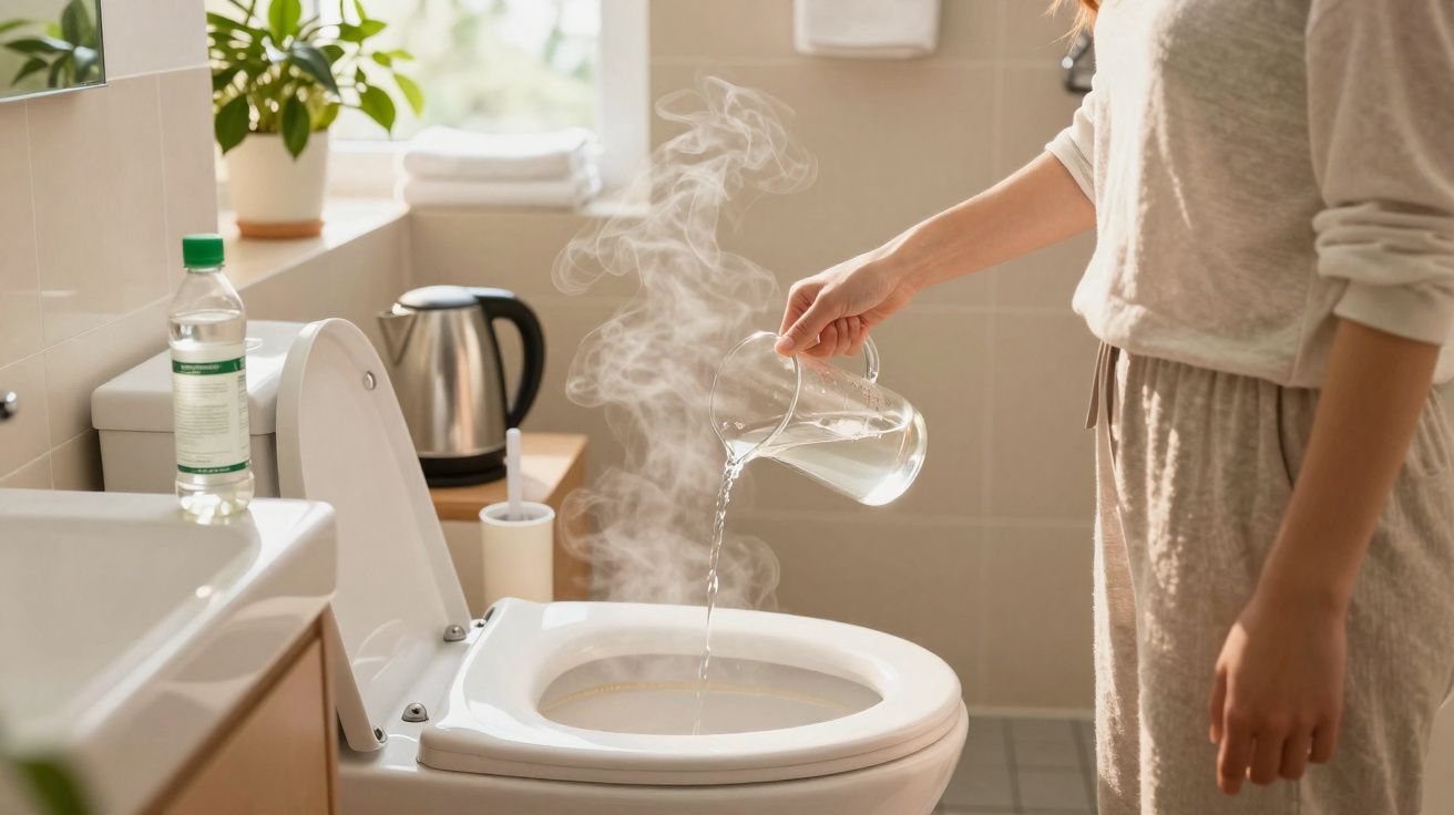 Pessoa a deitar água quente fumegante dentro da sanita numa casa de banho iluminada.
